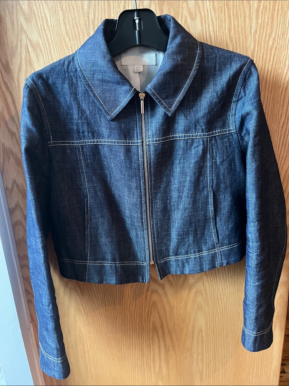 Zara Dark Blue Denim Cropped Zip Jacket